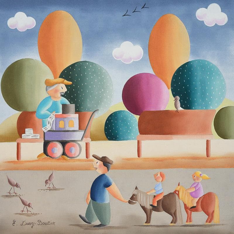 Peinture La boîte à musique par Davy Bouttier Elisabeth | Tableau Art naïf Scènes de vie Huile