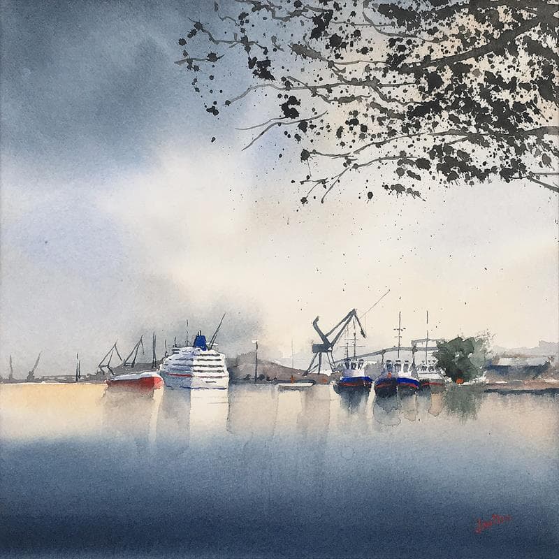 Gemälde Port de Bordeaux von Min Jan | Gemälde Figurativ Marine Aquarell