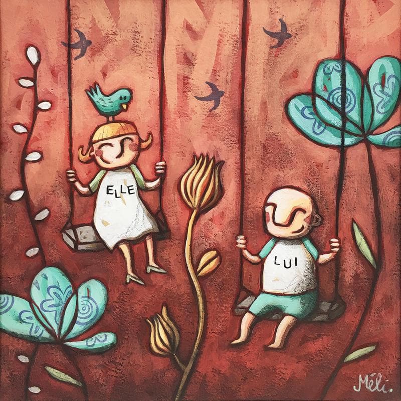 Peinture Elle + Lui par Catoni Melina | Tableau Art naïf Scènes de vie Animaux Acrylique