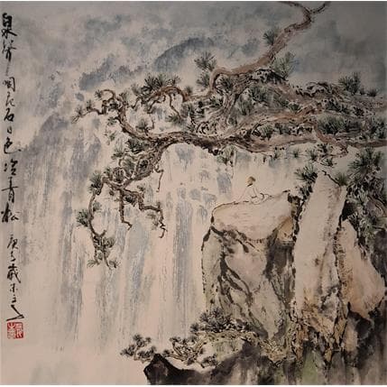 Painting Watching Waterfall by Sanqian | Painting Figurative Landscapes