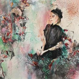 Painting In reflexion by Bergeron Marie-Josée | Painting Figurative Acrylic, Cardboard, Gluing, Oil Life style, Portrait