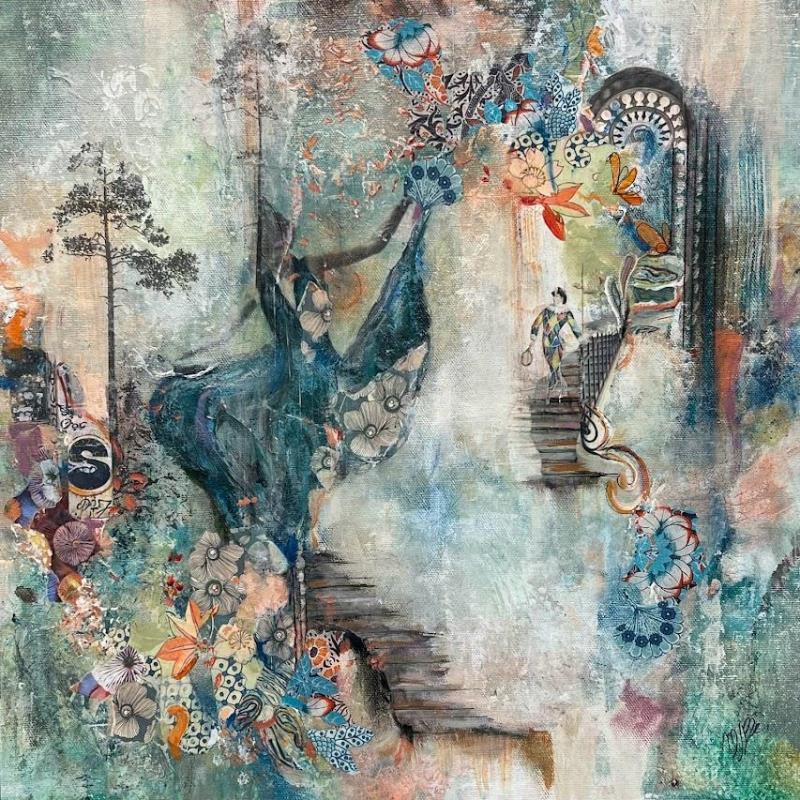 Painting Dance up to the air by Bergeron Marie-Josée | Painting Figurative Portrait Life style Cardboard Oil Acrylic Gluing