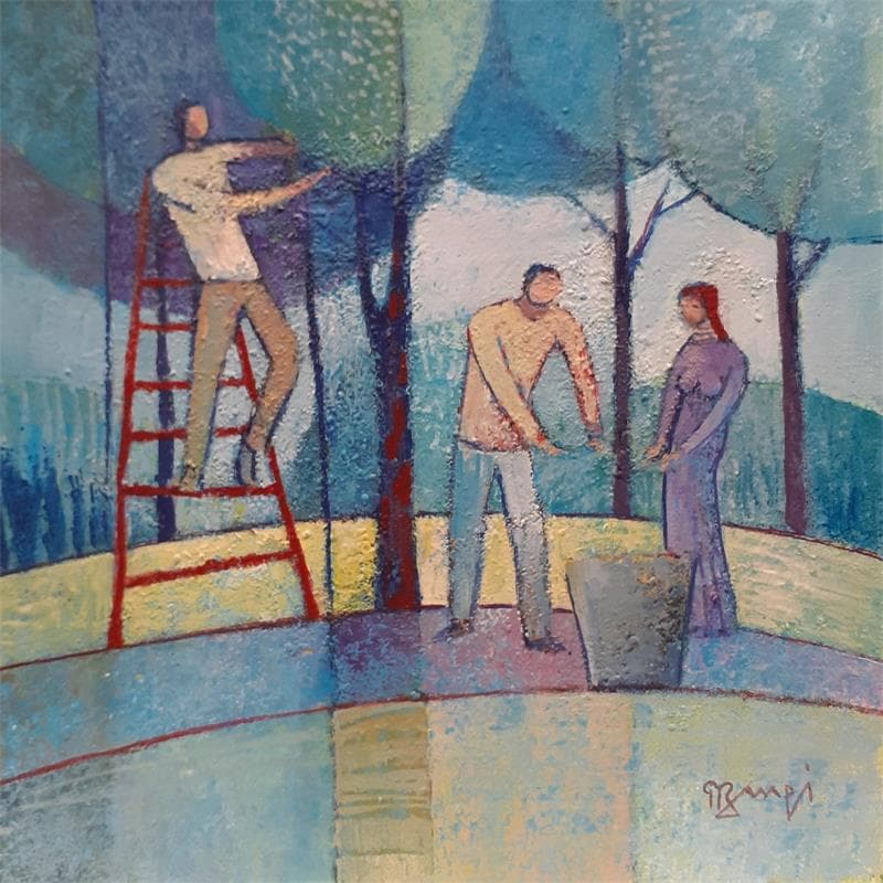 Painting AL35 CUEILLETTE BLEUE by Burgi Roger | Painting Figurative Life style Acrylic