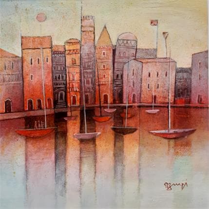Painting AK129 LA VILLE ROUGE by Burgi Roger | Painting Figurative Acrylic Landscapes, Marine, Urban