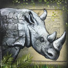 Gemälde Tête de rhinocéros von Locoge Alice | Gemälde Figurativ Acryl, Collage Tiere