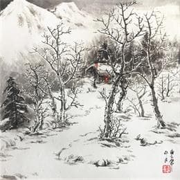 Painting Family of snow mountains by Yu Huan Huan | Painting Figurative Black & White, Landscapes