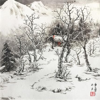 Peinture Family of snow mountains par Yu Huan Huan | Tableau Figuratif Noir & blanc, Paysages