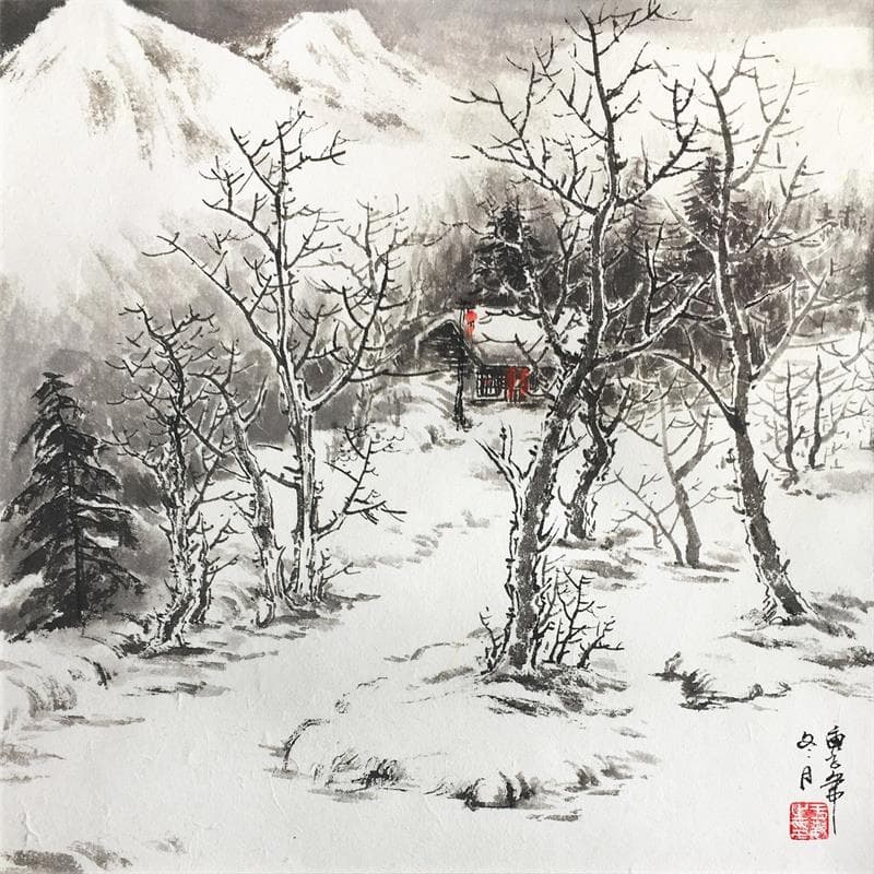 Painting Family of snow mountains by Yu Huan Huan | Painting Figurative Landscapes Black & White