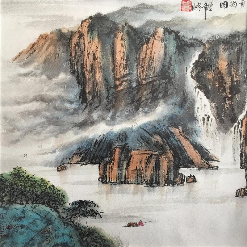 Painting Fishing spirit by Yu Huan Huan | Painting Figurative Landscapes